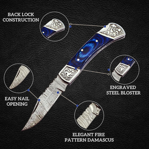 Damasucs Blue Folding Knive